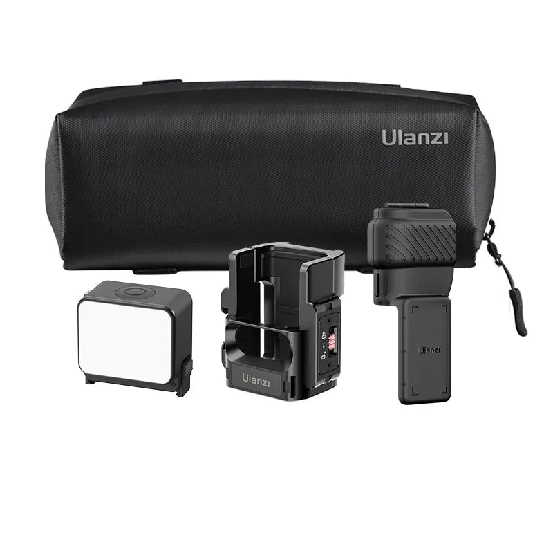 Ulanzi PK-06 Kit for DJI Osmo Pocket 3: Adapter, carrying bag, and LED light, black.
