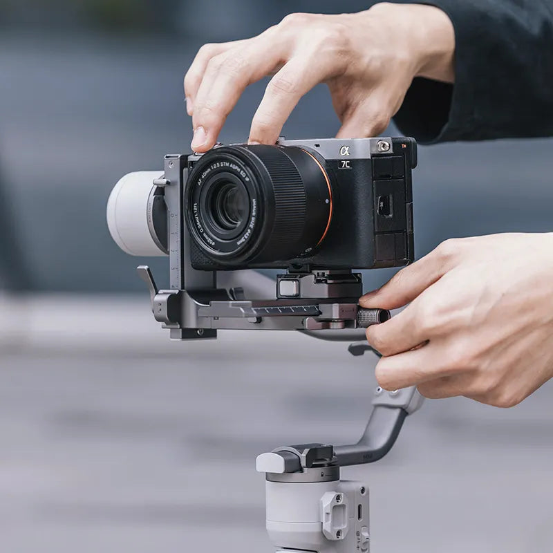 Ulanzi Falcam Quick Release Kit for Sony Alpha 7C camera on gimbal stabilizer, gray metal.