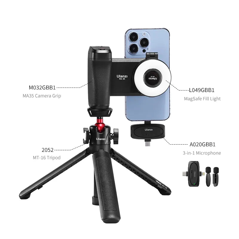 Ulanzi MA35 MagSafe Smartphone Camera Grip Kit - ergonomic grip, ring light, tripod, and microphone.