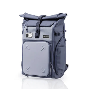 Ulanzi camera backpack in gray and blue with roll-top and camera badge.