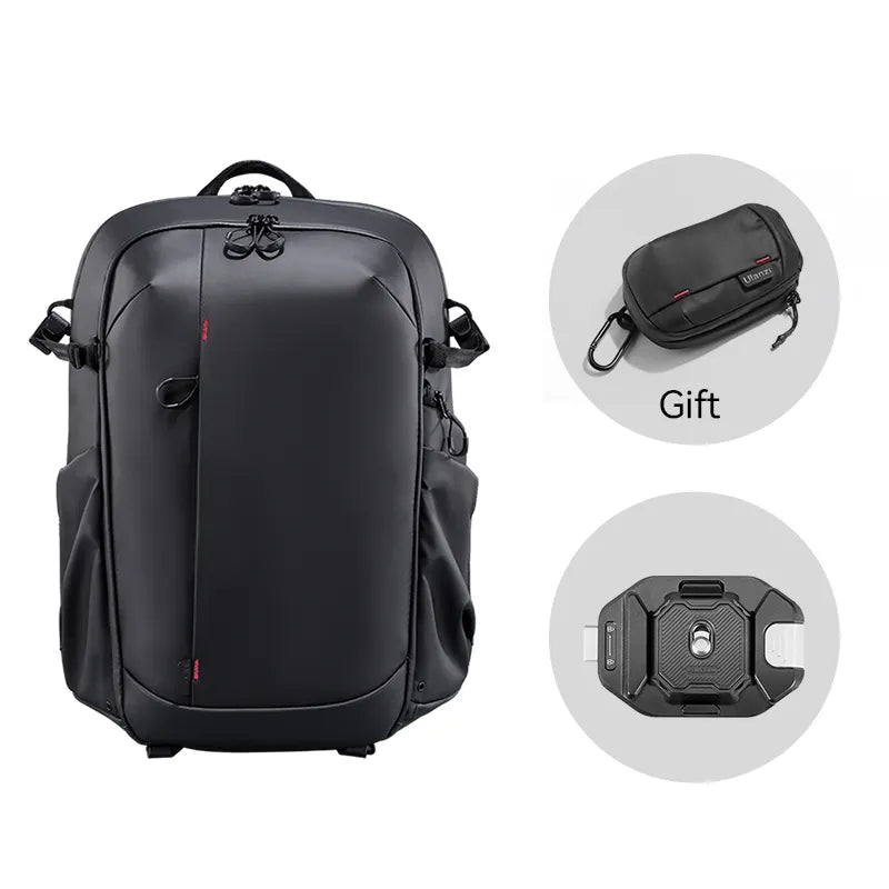 Ulanzi BP09 Camera Backpack with gift accessories, black waterproof camera bag, 22L capacity.