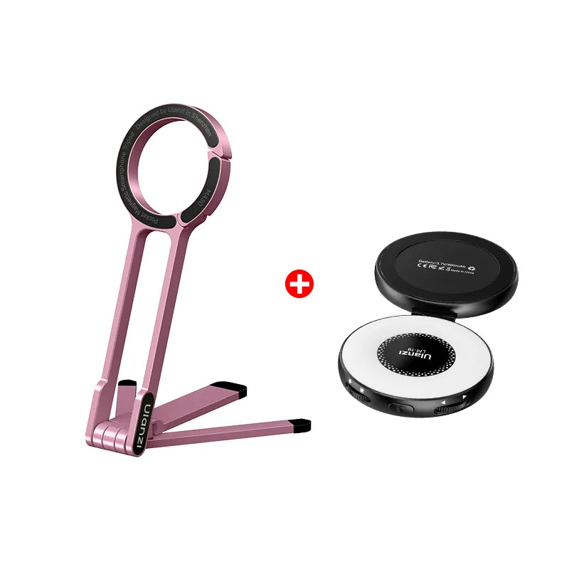 Pink Ulanzi MA30 Carabiner-Mounted Phone Tripod with wireless charger, designed in Shenzhen.