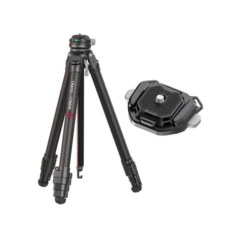 Ulanzi Zero F38 Quick Release Travel Tripod with F38 plate, carbon fiber, black, compact design.