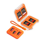 Ulanzi CC01 Mini Memory Card Case, orange and clear, holding SD cards labeled Extreme PRO.