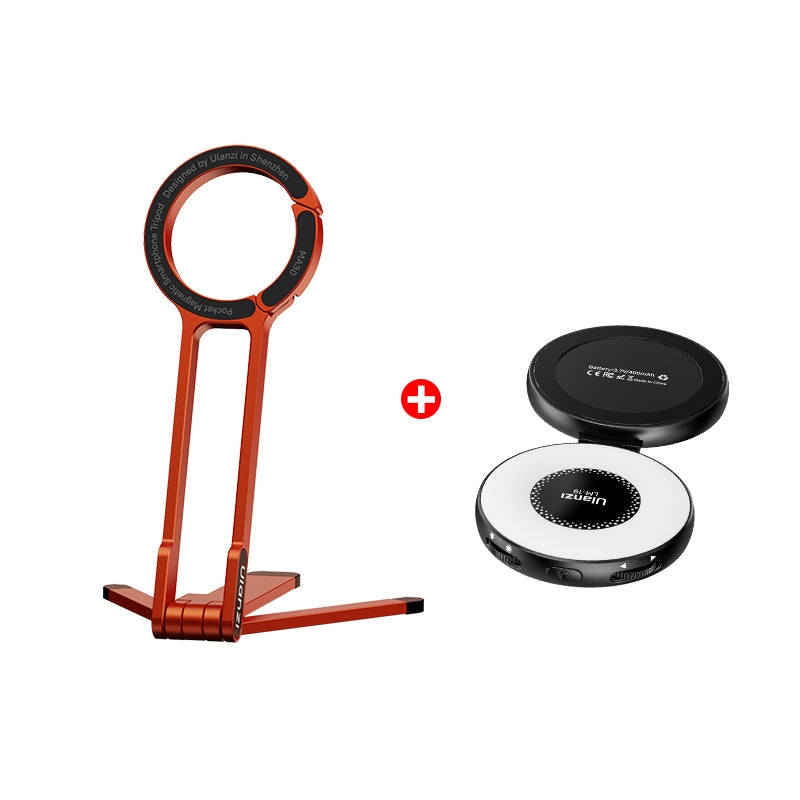 Orange Ulanzi MA30 phone tripod and wireless charger combo, compact design, Designed in Shenzhen.