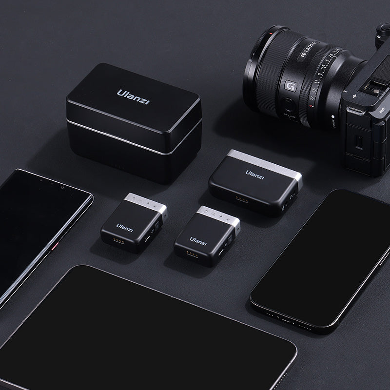 Ulanzi U-Mic AM18 Wireless Microphone kit with charging case and accessories.