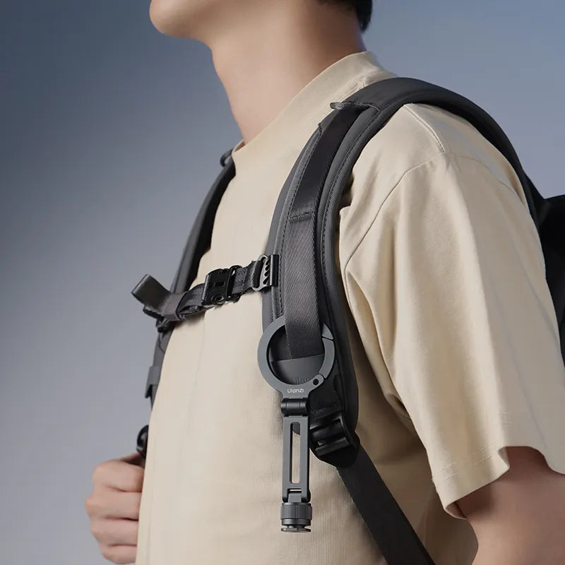 Ulanzi MA07 Maglock phone mount attached to backpack strap, suitable for outdoor content creation.