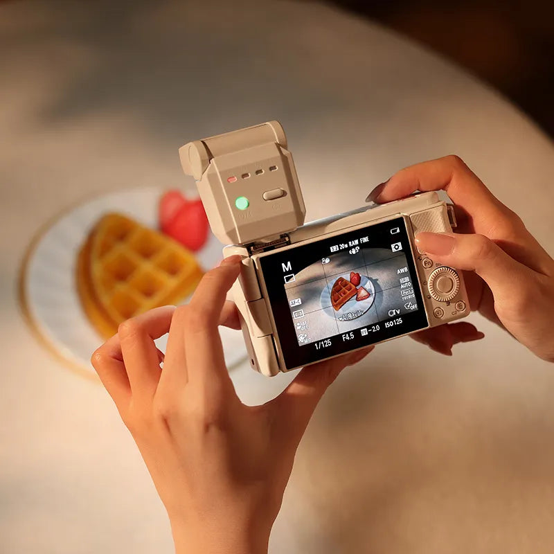 Ulanzi SL03 Spark Lite Camera Flash in use, capturing a food shot, perfect for content creation.