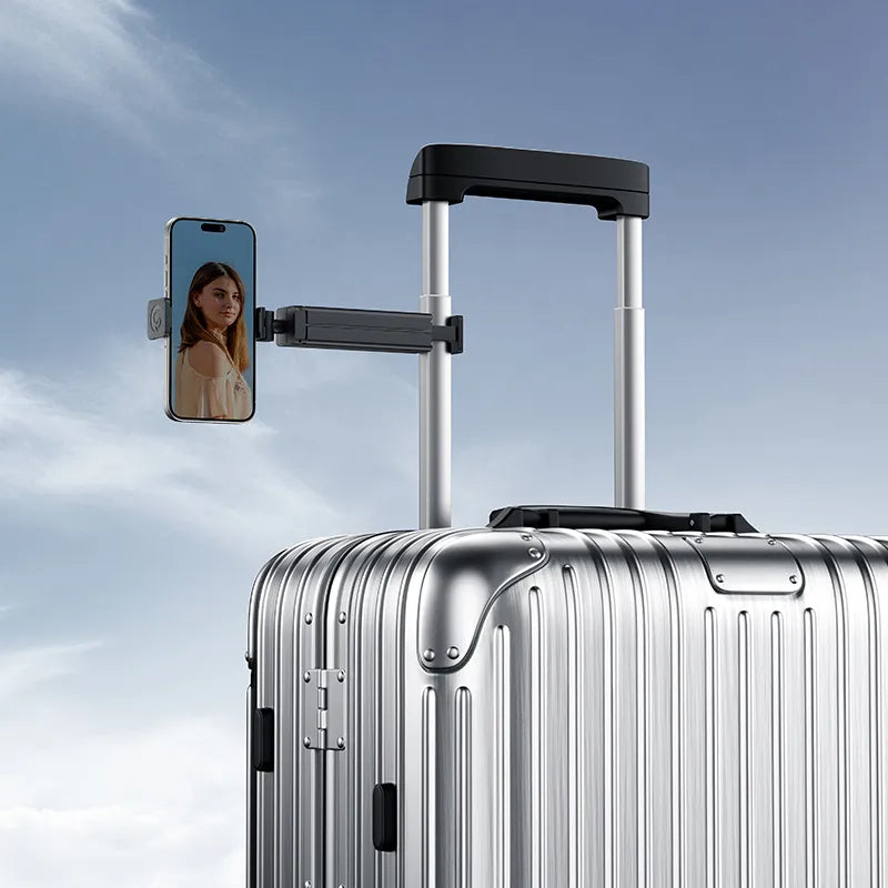 Ulanzi SK-20 Travel Phone Holder M051 attached to a suitcase handle, showcasing phone display.