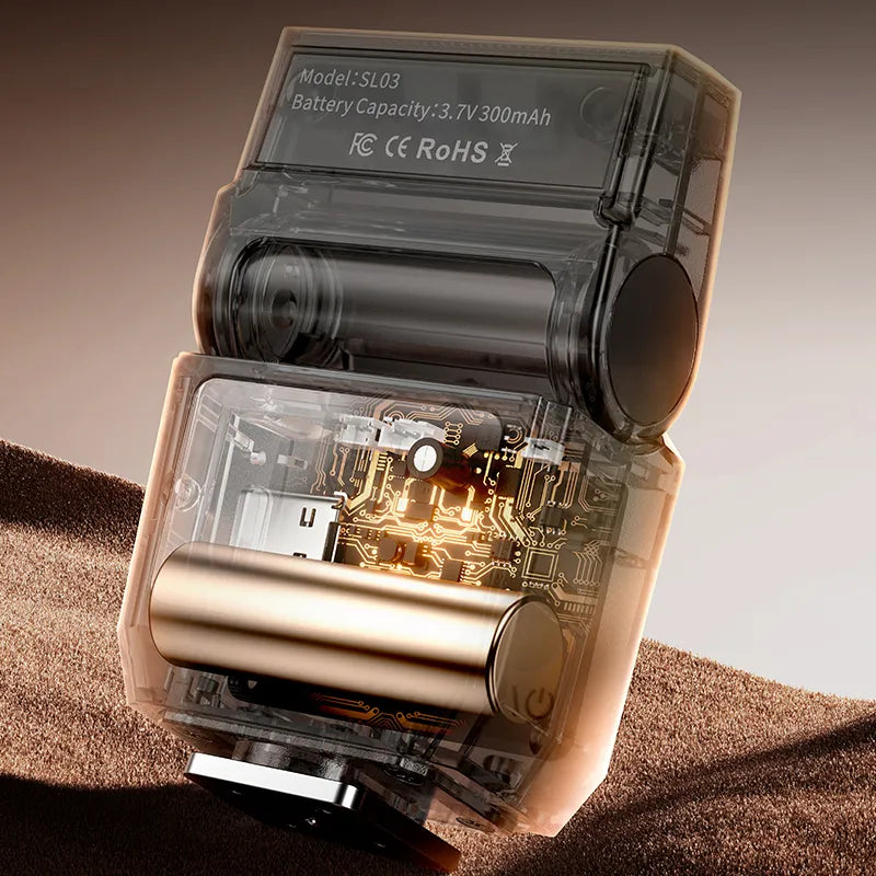 Ulanzi SL03 Spark Lite Camera Flash, transparent design, internal structure and battery details.