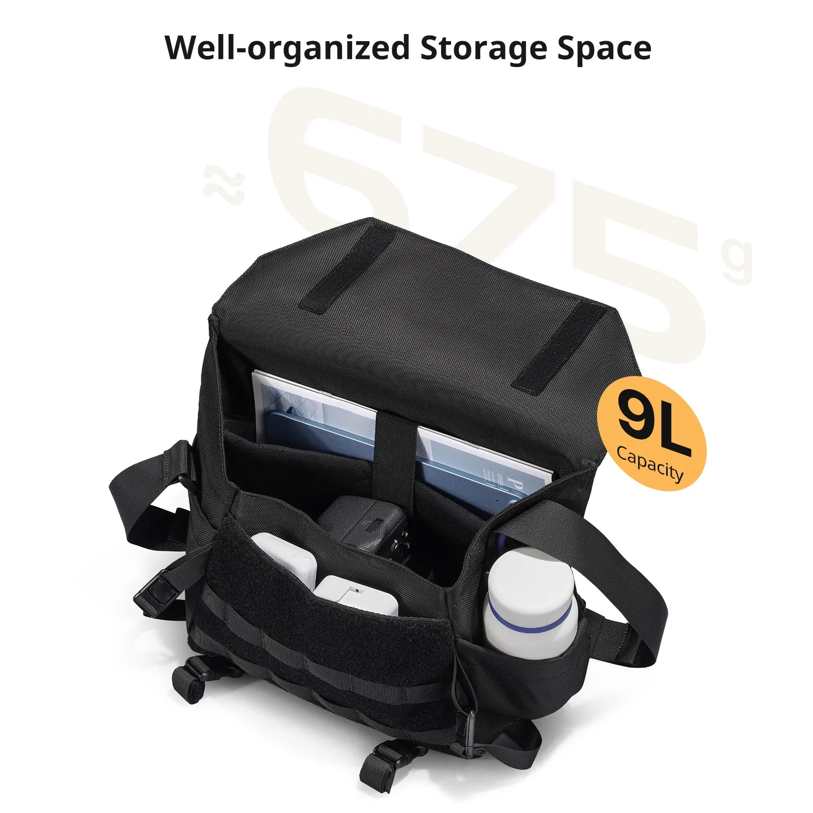 BC08 Camera Sling Bag: Black bag with organized interior and 9L capacity for photography equipment.