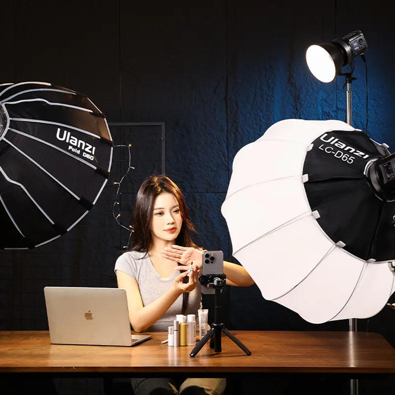 Ulanzi video lighting setup for beauty video with softboxes, ring light, and smartphone.