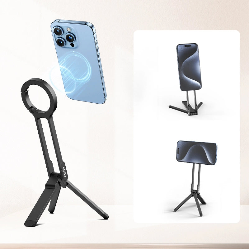 Ulanzi MA30 Carabiner Phone Tripod, black with iPhone display, versatile stand for phones.