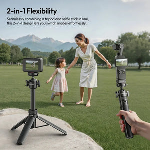 Ulanzi MT90 tripod and selfie stick in a park, demonstrating its 2-in-1 flexibility for various shooting scenarios.