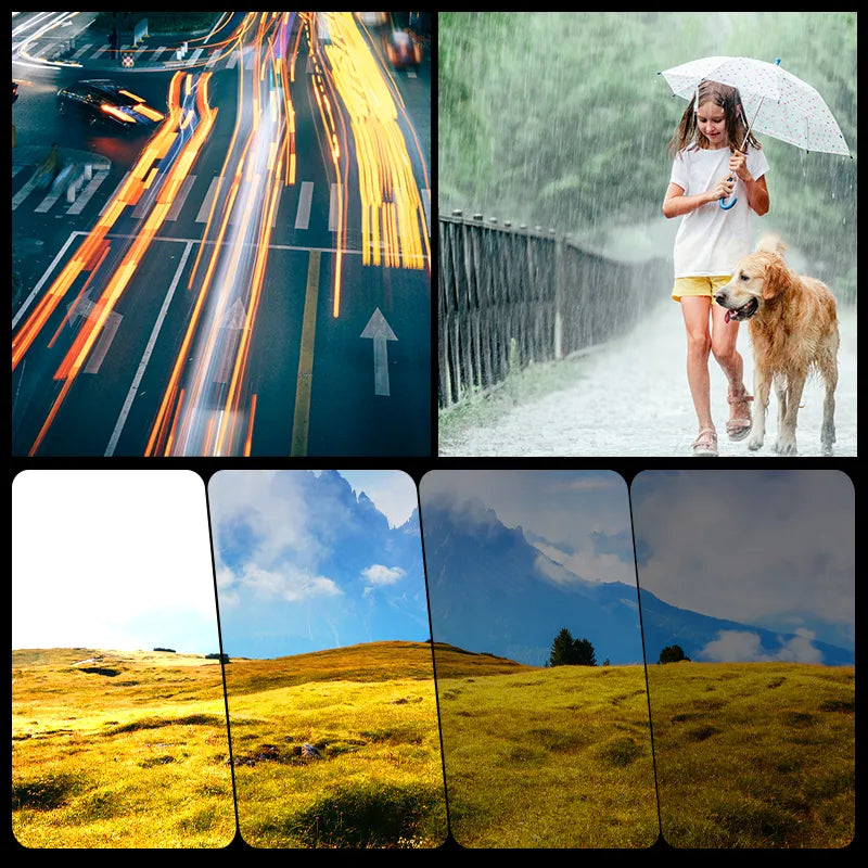 DJI Osmo Pocket 3 ND filter kit showcasing different effects on landscapes and motion.