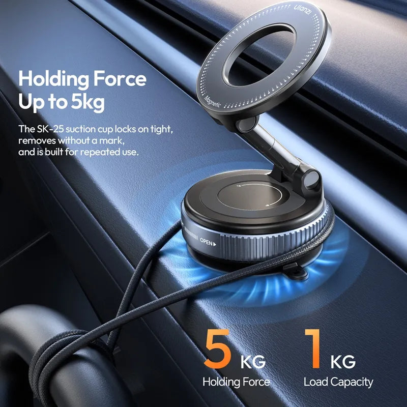 Ulanzi SK-25 MagMount suction cup firmly attached to car dashboard with 5kg holding force and cable wrapped around base.