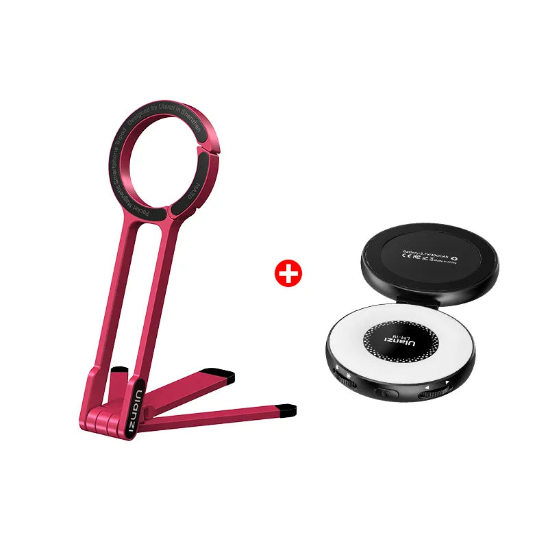 Pink Ulanzi MA30 phone tripod with wireless charger, compact design, designed in Shenzhen.