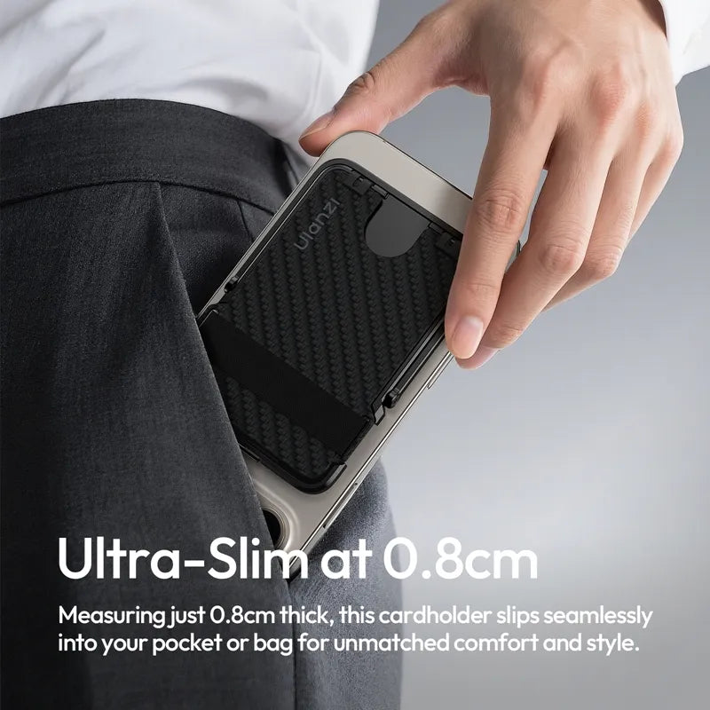 Hand sliding ultra-slim Ulanzi ML25 wallet attached to phone into a pocket.