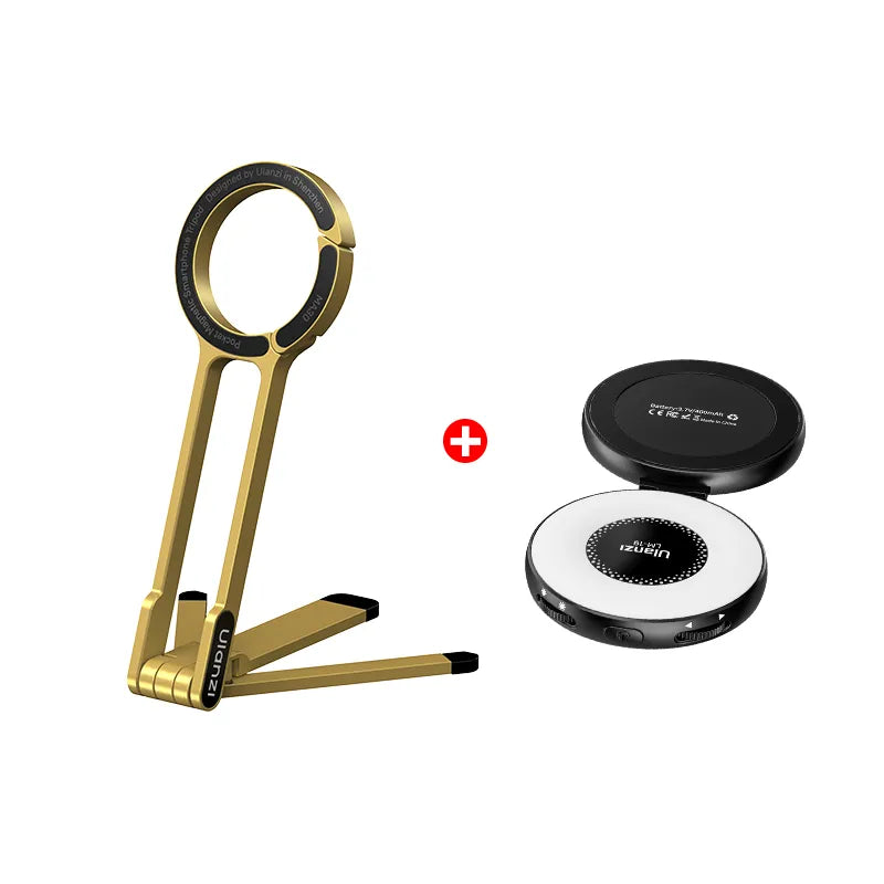 Ulanzi MA30 phone tripod and wireless charger combo, gold finish with carabiner design.