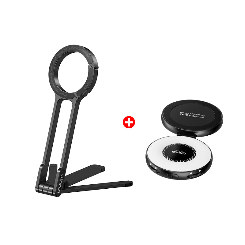 Ulanzi MA30 Phone Tripod combo, black carabiner, compact design with wireless charger.