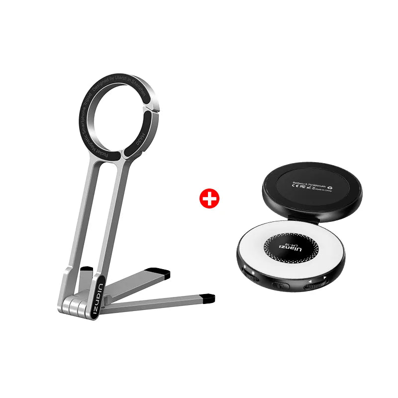 Ulanzi MA30 Phone Tripod and Wireless Charger Combo, silver and black design, Designed in Shenzhen.