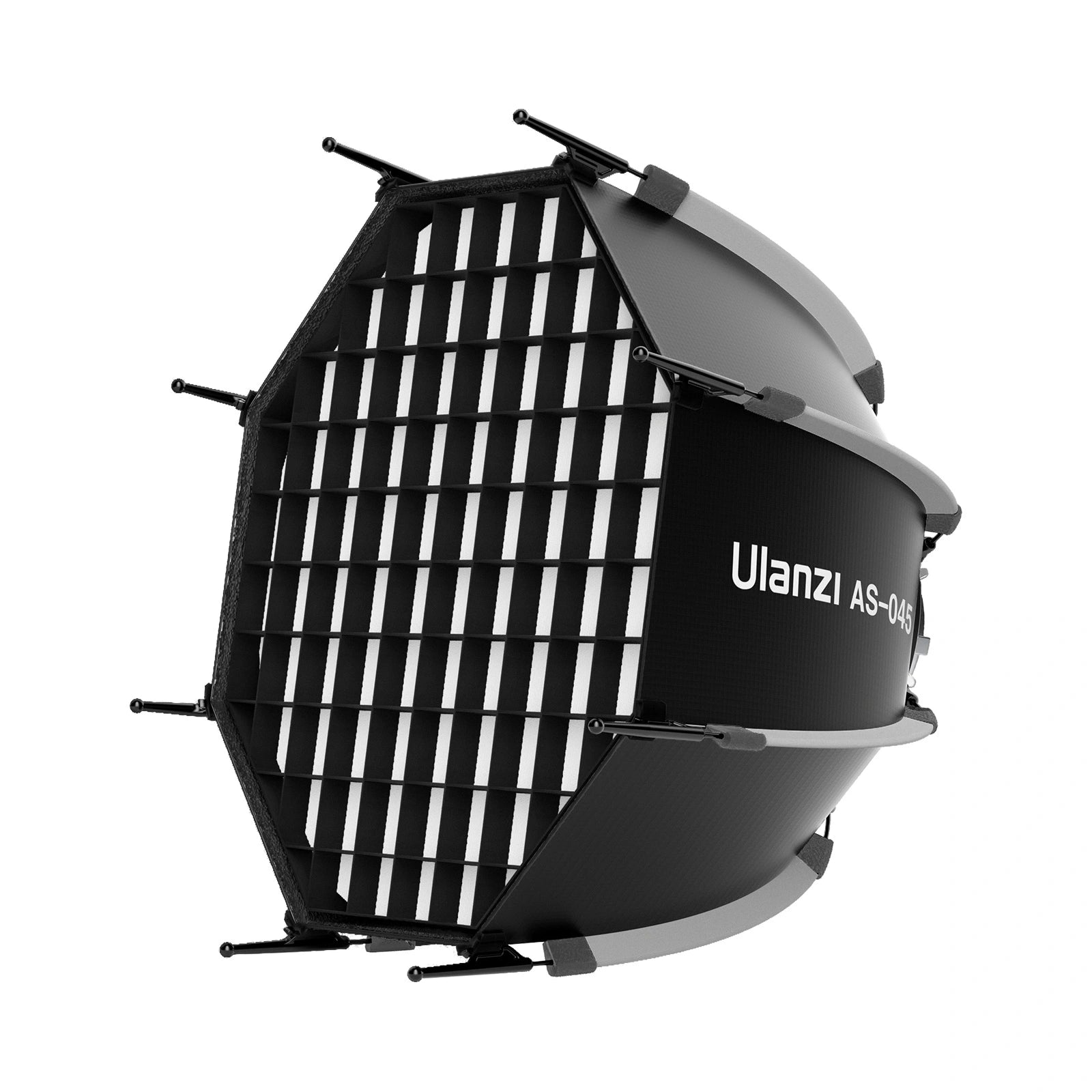 Ulanzi AS-045 softbox with honeycomb grid. Black and gray design for studio lights, quick release.