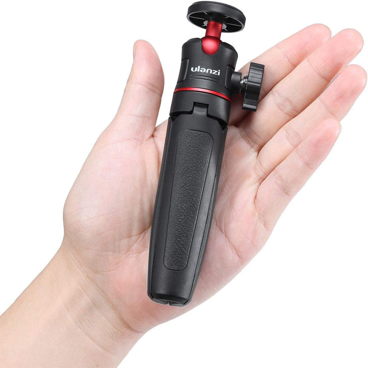 Ulanzi MT-08 extendable handheld tripod held in hand, black with red accents, compact design.