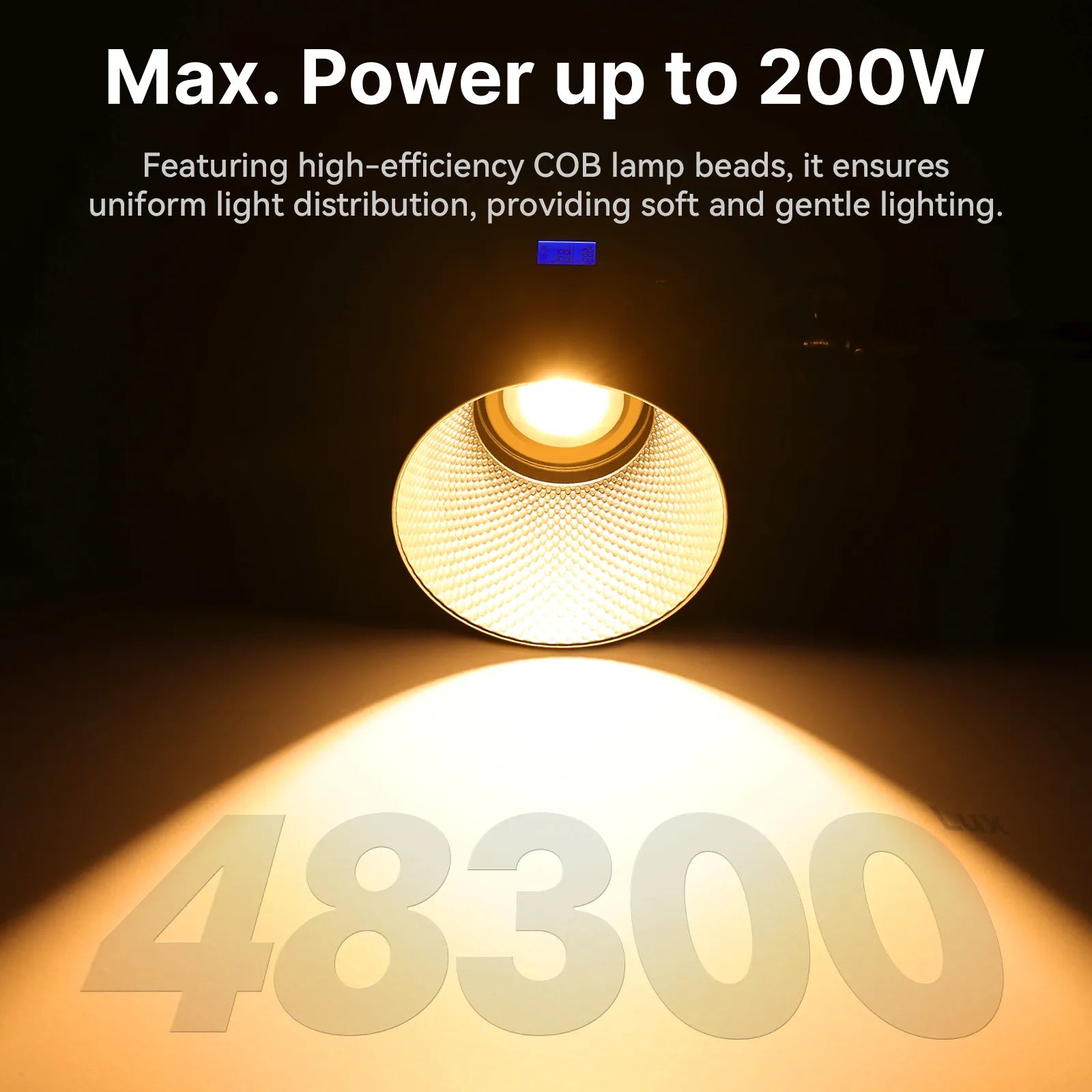 Ulanzi VL-200Bi video light showcasing uniform, soft lighting. Max. 200W power, 48300 Lux output.
