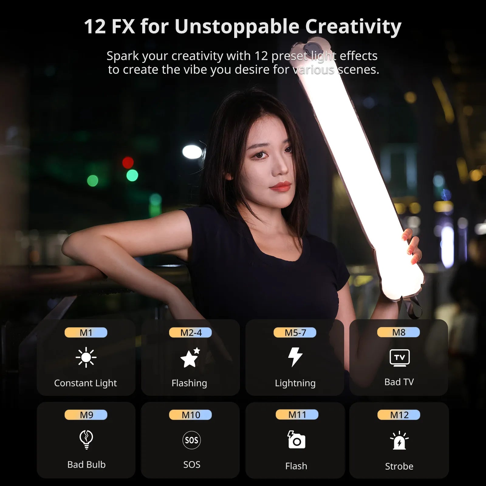 Ulanzi UA20 Portable Air Tube Light, with 12 preset light effects, for versatile shooting needs.