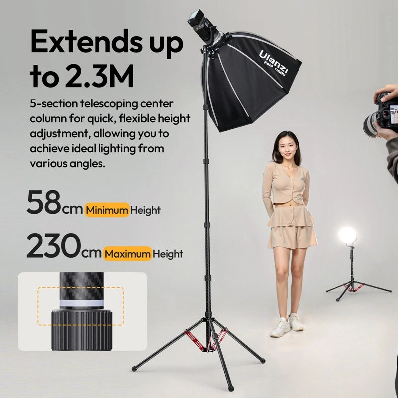 Ulanzi T230 light stand extends up to 2.3M, 5-section telescoping, for flexible lighting.