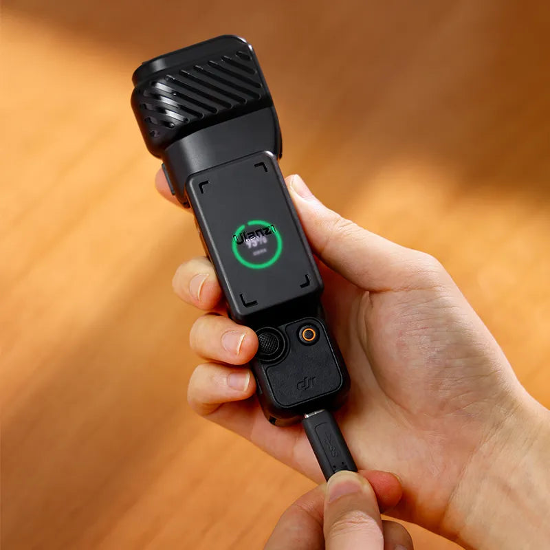 Ulanzi PK-07 Gimbal for DJI Osmo Pocket 3 - Black, charging, showing Ulanzi logo and battery level.
