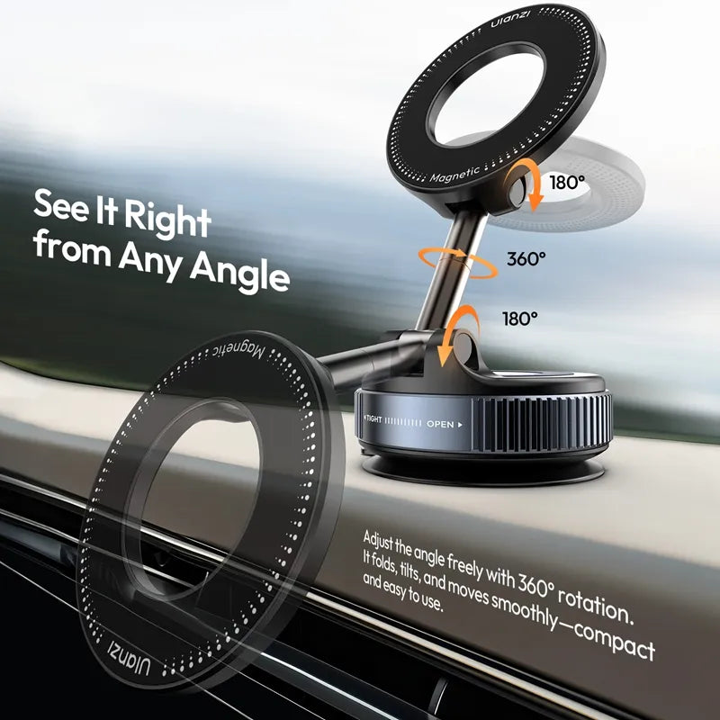 Ulanzi SK-25 MagMount demonstrating 360° rotation and 180° tilt for adjustable phone.