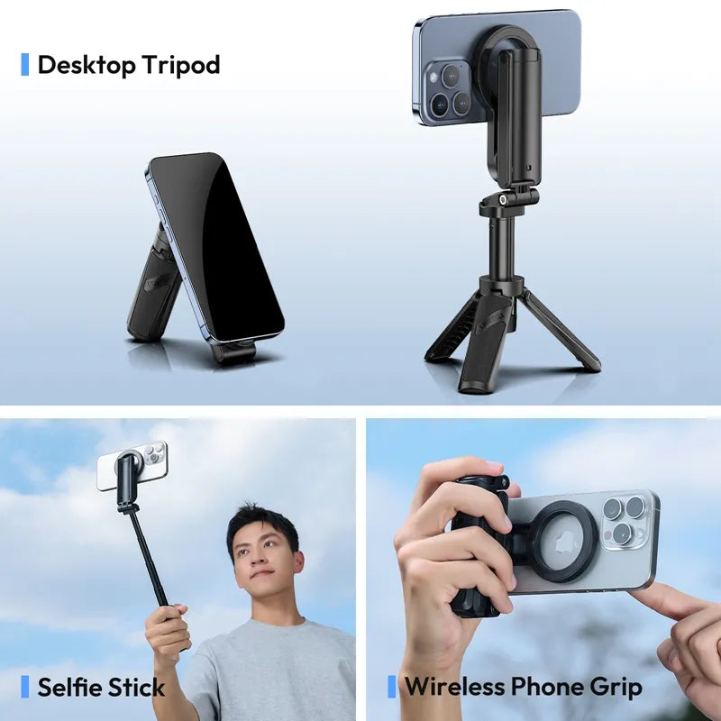 JJ03 Phone Tripod: 3-in-1 design for desktop, selfie, and wireless grip use. Versatile and compact.