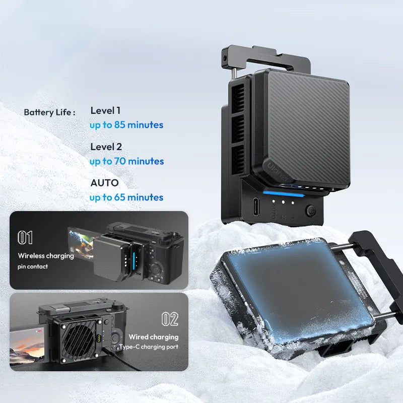 Ulanzi CU01 Camera Cooler Kit, showing wireless charging, wired charging, and battery life display.