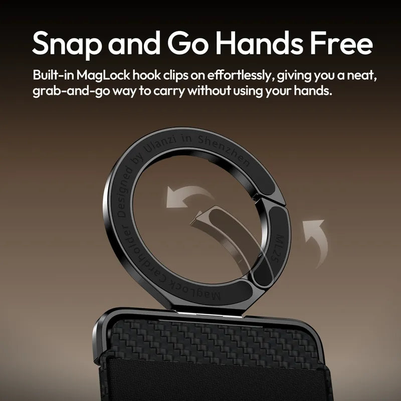 MagLock hook on Ulanzi ML25 wallet opening to clip for hands-free carrying.