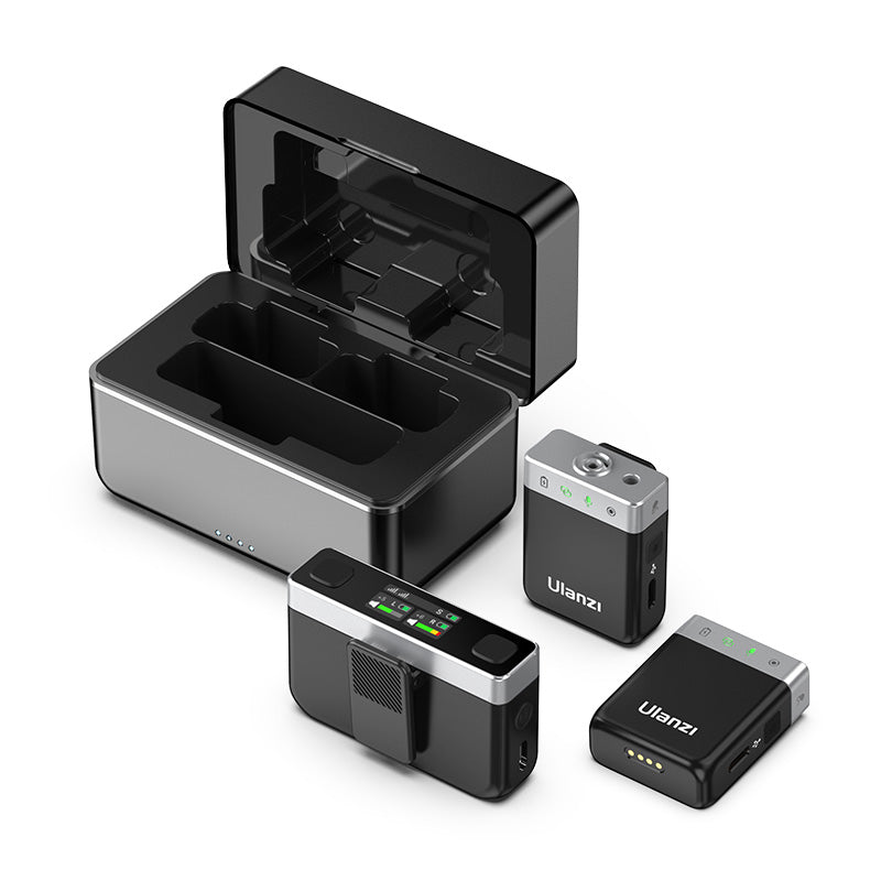 Ulanzi U-Mic AM18 Wireless Microphone System with charging case and microphone receivers.