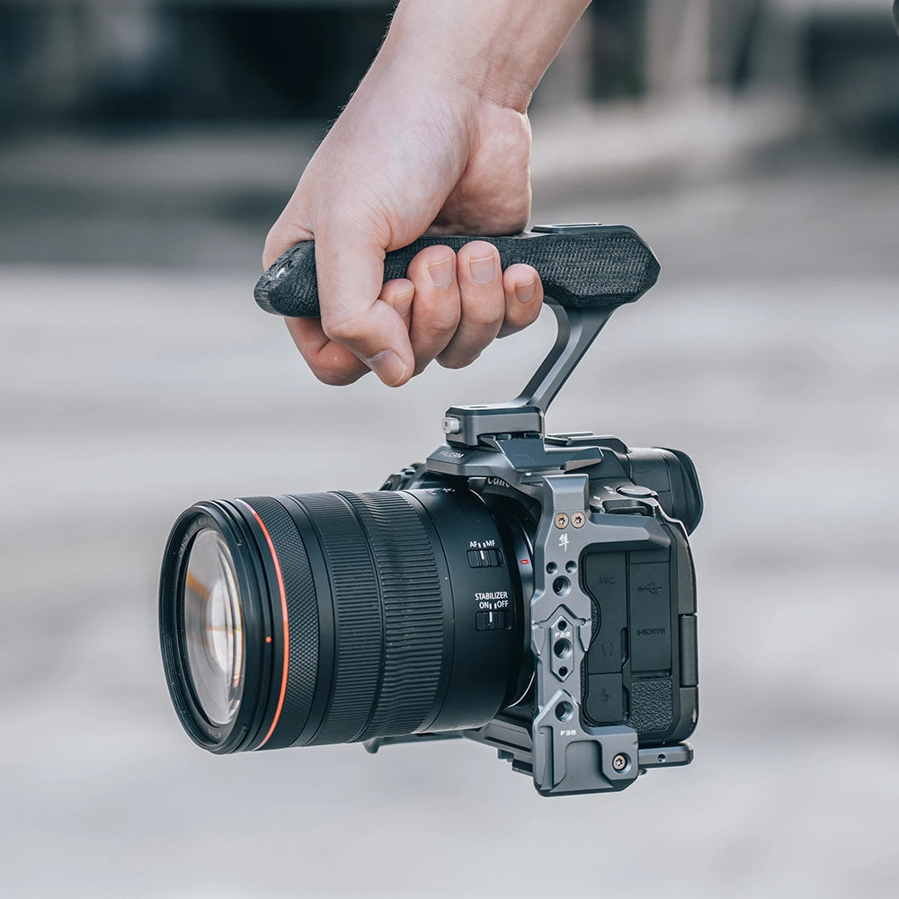 Ulanzi Falcam F22 Quick Release Portable Top Handle on camera, grey Micarta handle.