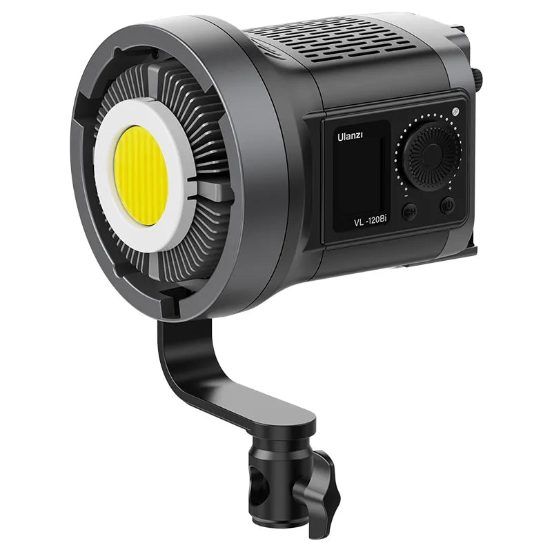 Ulanzi VL-120Bi Bi-color Video Light product shot, featuring COB lamp, dimming controls, and mount.