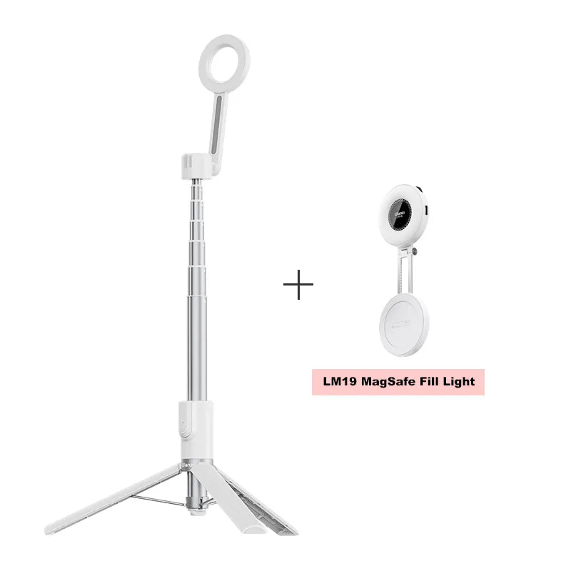 Ulanzi MG-003 Magnetic Selfie Stick Pro with LM19 MagSafe Fill Light, white, vlogging setup.