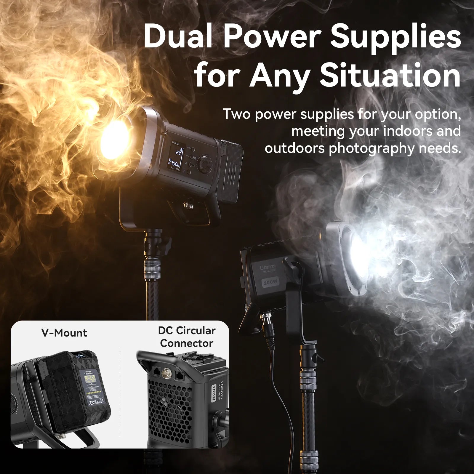 Ulanzi VL-200Bi video light with dual power: V-Mount battery & DC connector for indoor/outdoor use.