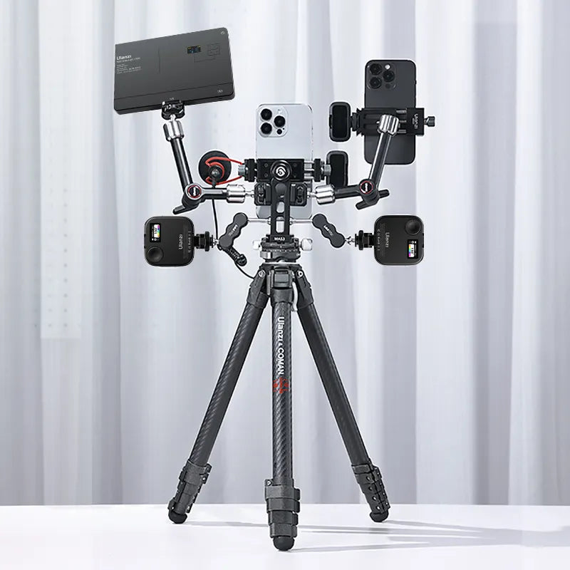 Ulanzi MA53 phone mount setup with multiple phones, lights, and a tripod for content creation.