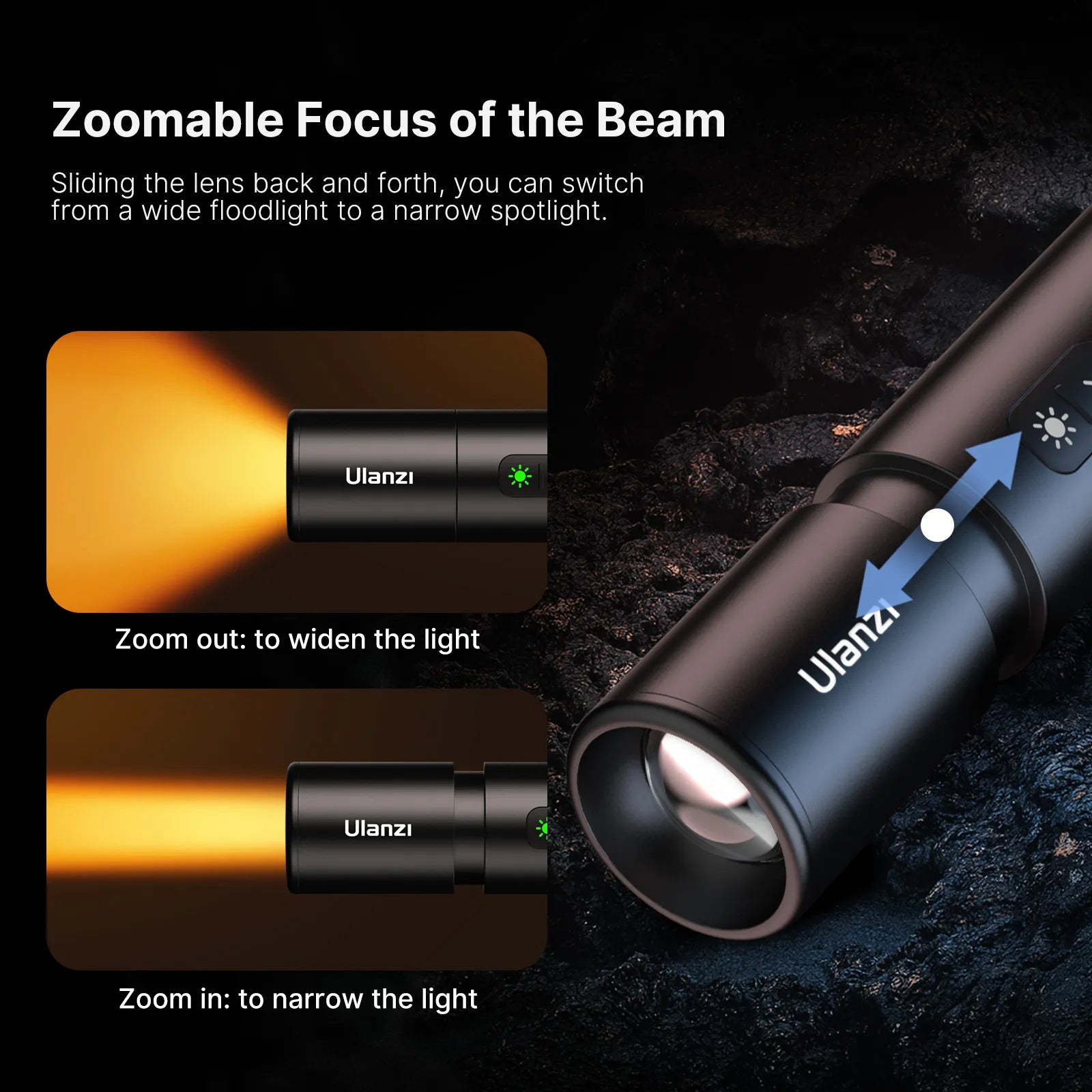 Take control with four brightness levels, flash mode, and zoomable beam focus