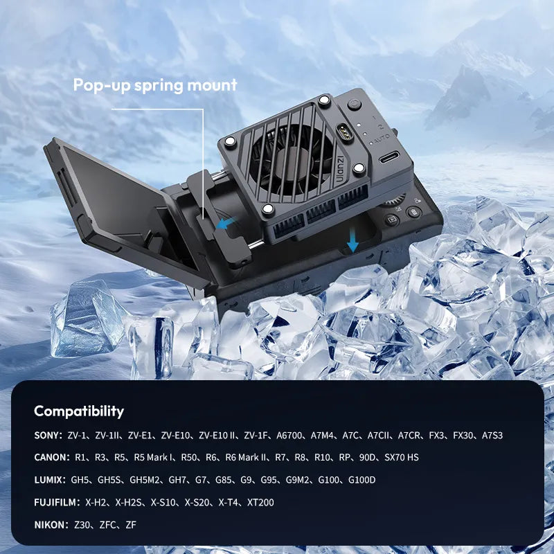 Ulanzi CU01 Camera Cooler Kit mounted on camera with pop-up spring mount and compatibility list.