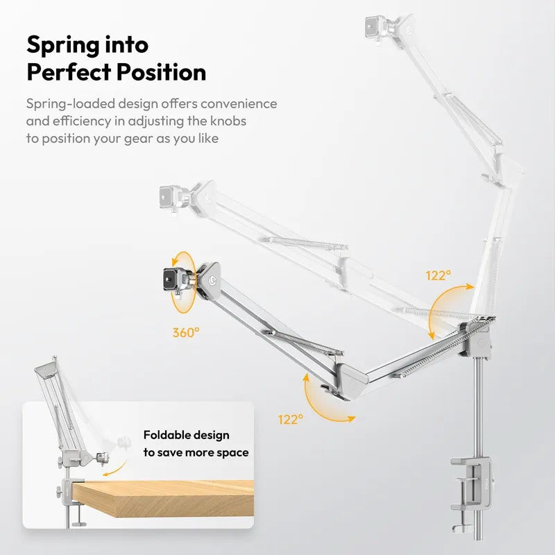 Ulanzi TH04 Overhead Camera Mount: spring-loaded, 360° rotation, 122° angles, and foldable design.