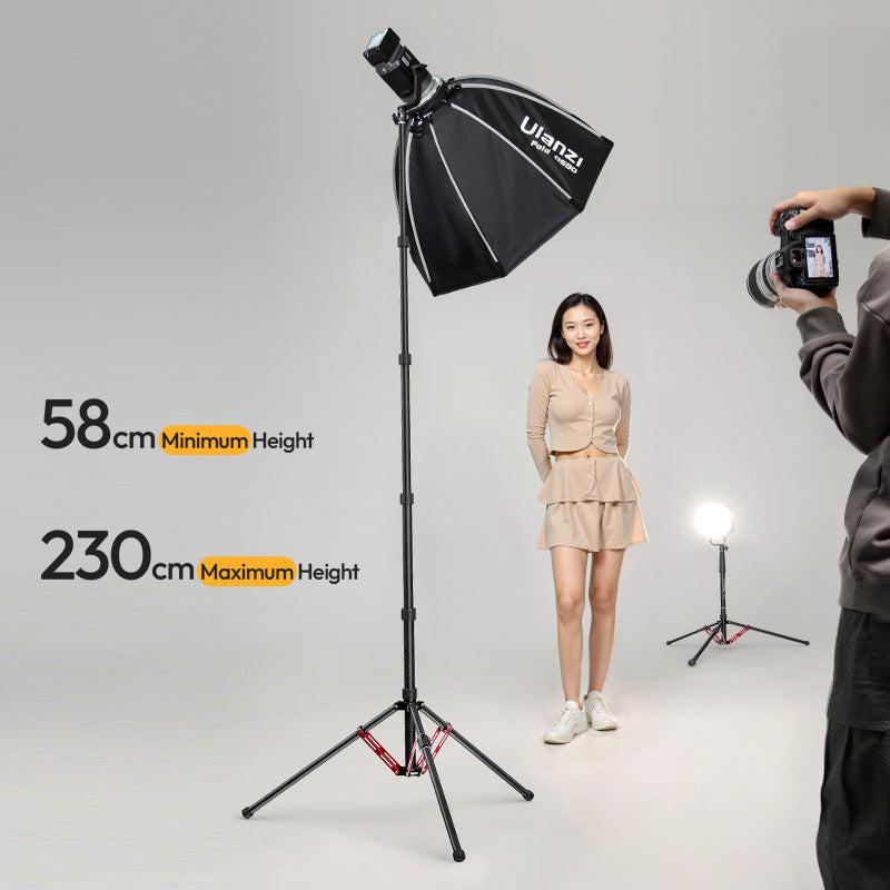 Ulanzi T230 light stand extends up to 2.3M, 5-section telescoping, for flexible lighting.