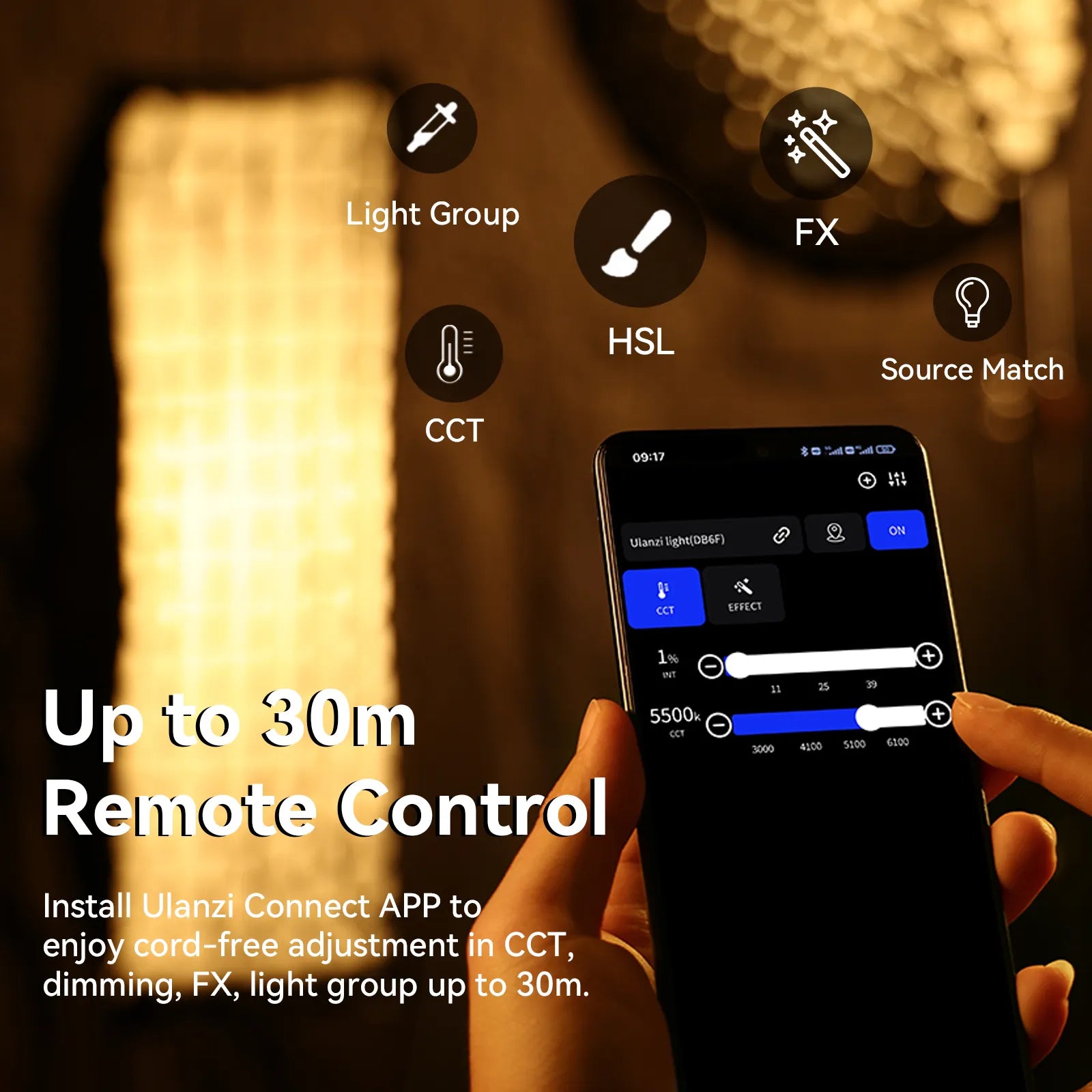 Ulanzi VL-200Bi video light, controllable via app, adjust CCT, dimming and FX, up to 30m.