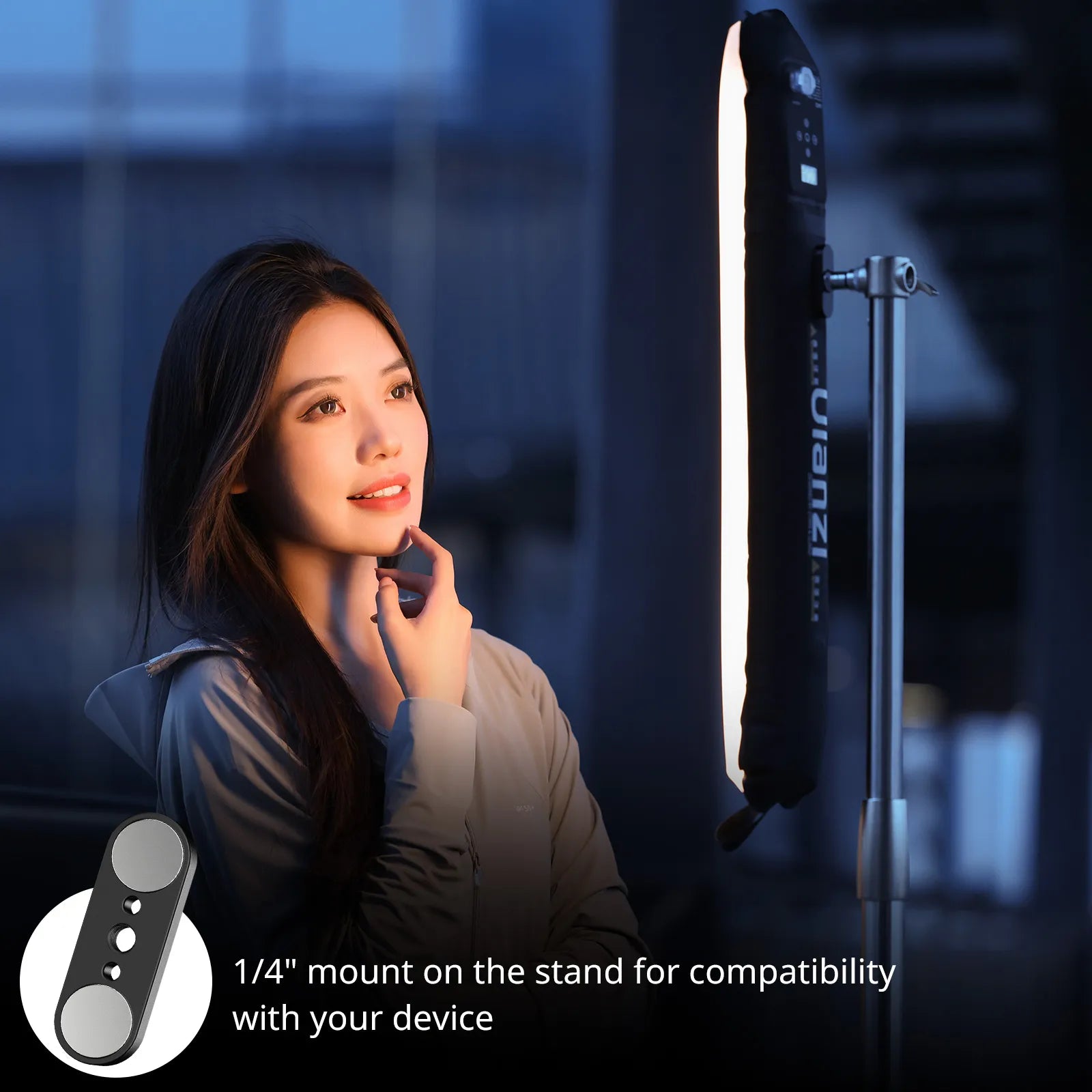 Ulanzi UA20 Air Tube Light with 1/4" mount for compatibility, woman with soft lighting, studio setup.