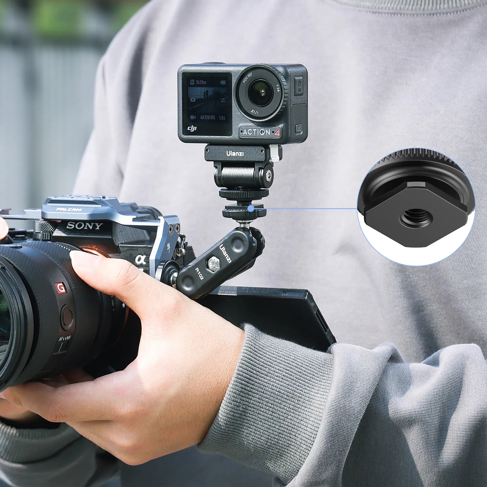 Ulanzi CA22 Cold Shoe Mount Adapter with DJI Osmo Action 4, connected to a Sony camera.