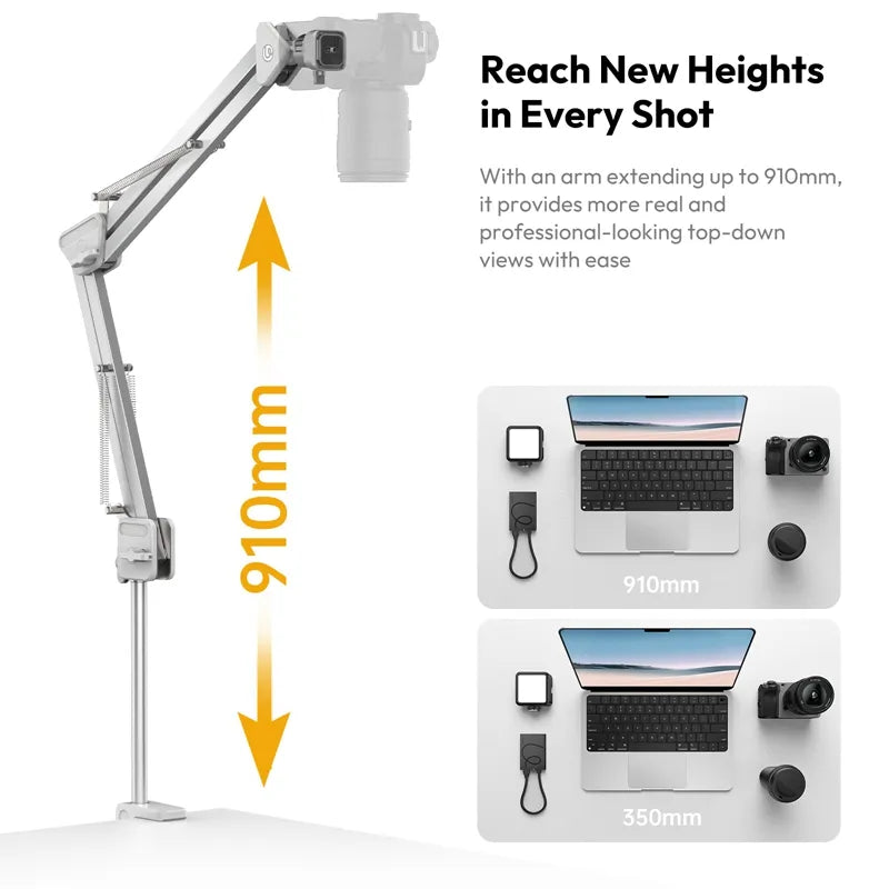 Ulanzi TH04 overhead camera mount with 910mm reach for top-down shots, content creation ready.