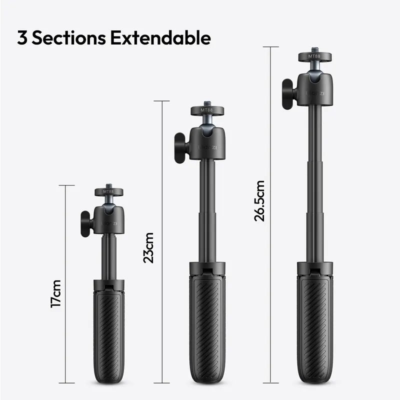 Ulanzi MT88 ClipMate Tripod T136, 3-section extendable black tripod showing length differences.